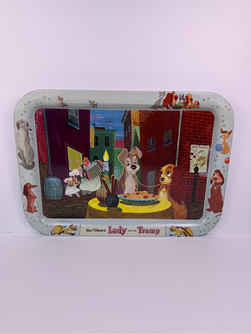 Vintage 1960’s Disney Lady and the Tramp Serving Tray Tv Diner Metal 17.5x12.5”